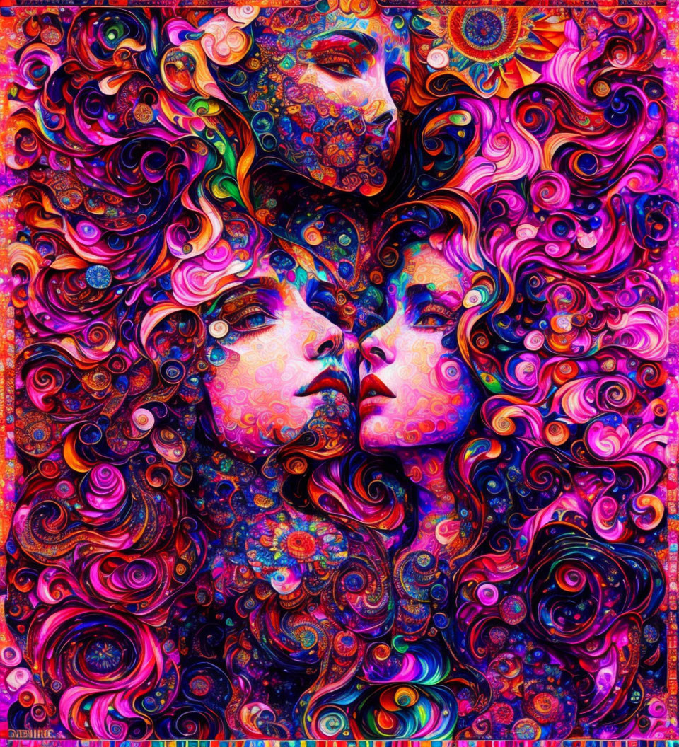 Colorful Psychedelic Portrait of Two Stylized Female Faces