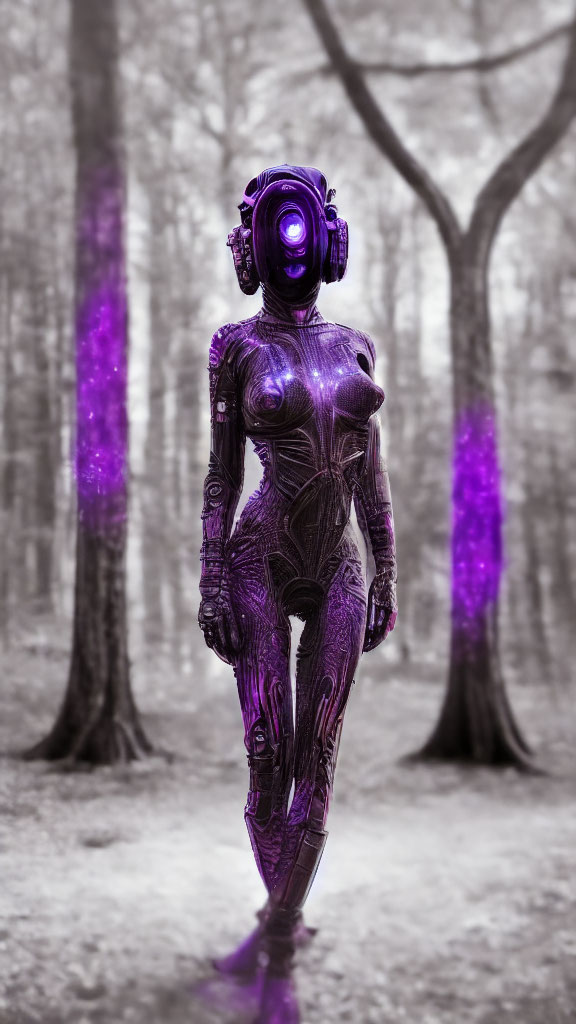 Purple Robot in Intricate Design Amid Misty Forest with Glowing Elements