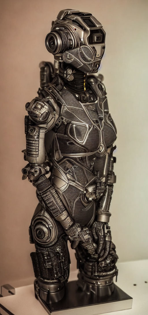 Detailed Robotic Figure Model with Intricate Armor Design on Platform