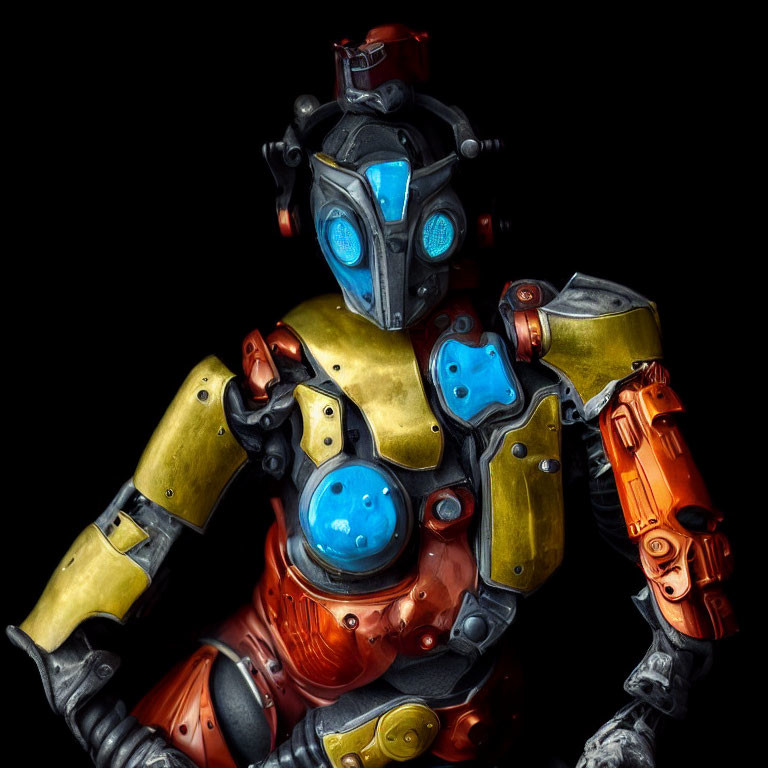 Detailed illustration of a colorful robot with yellow and blue armor, orange arm cannon, and glowing blue eyes