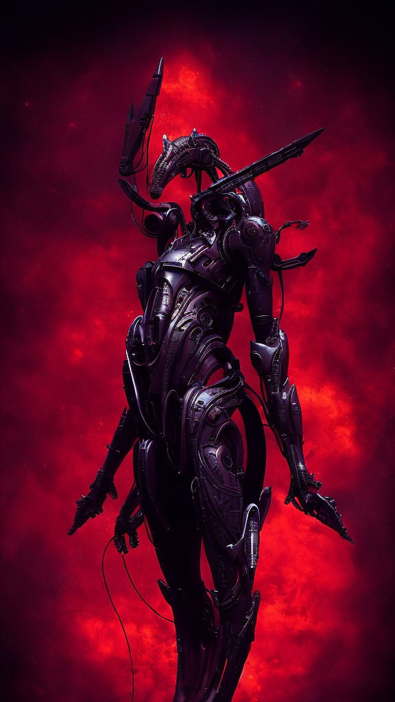 Menacing humanoid robot in sleek black armor on vivid red backdrop