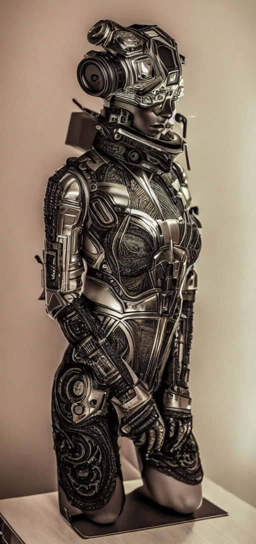 Futuristic female robot with intricate armor and mechanical details