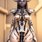 Futuristic female character in silver and black armor with horned helmet