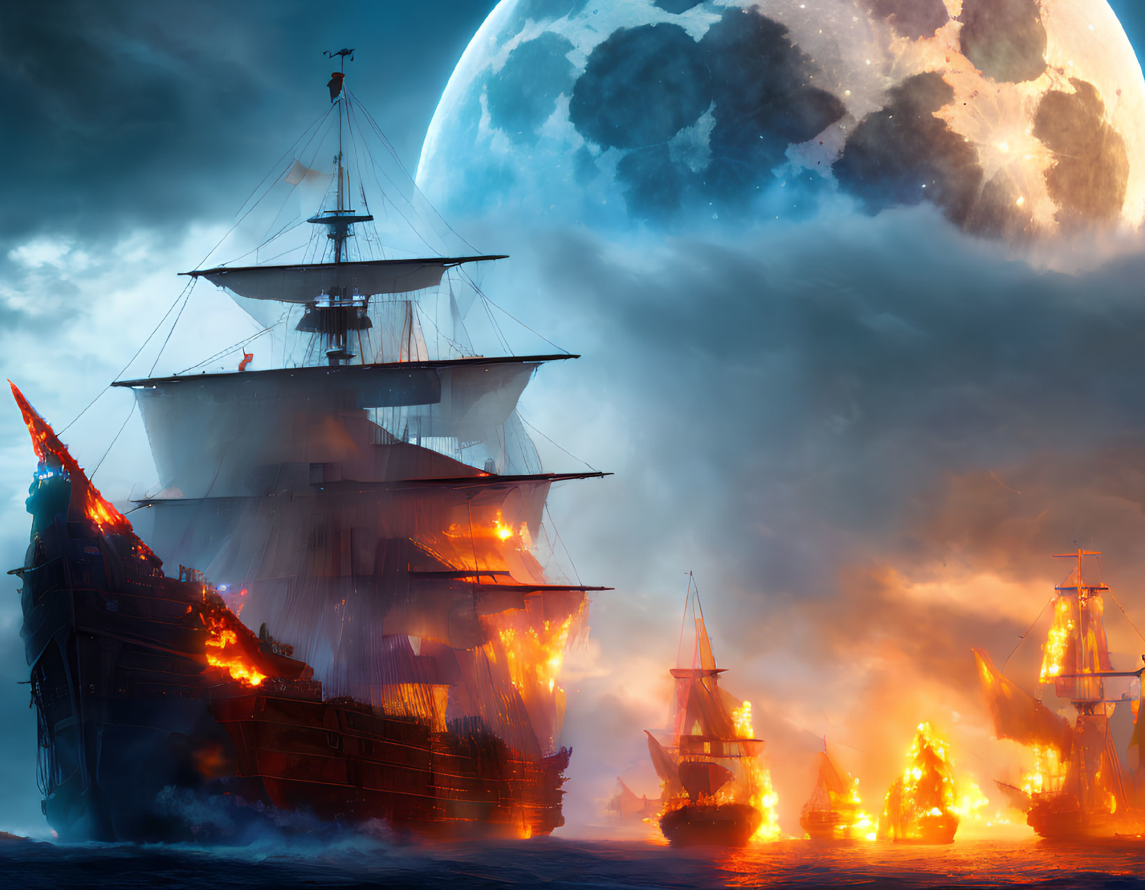 Fiery battle of sailing ships under large moon