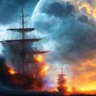 Fiery battle of sailing ships under large moon