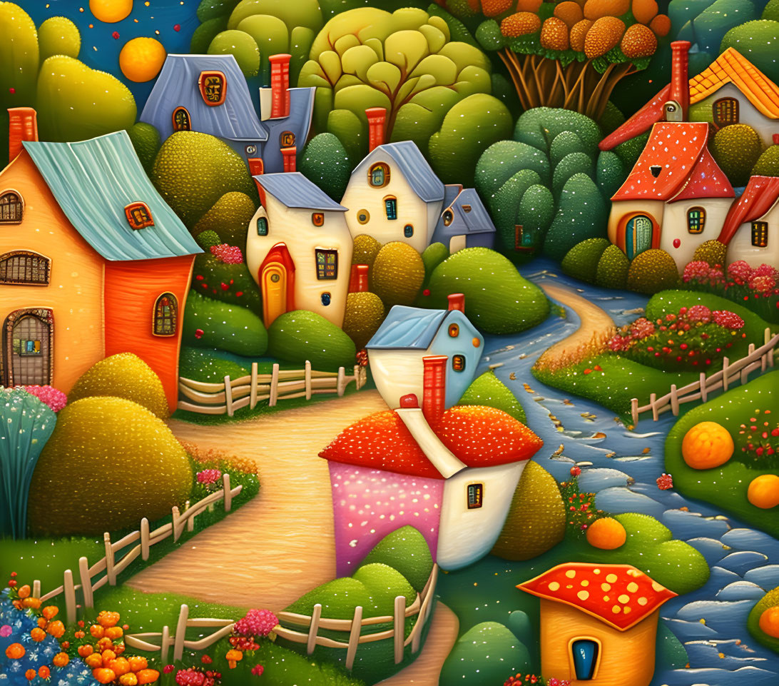 Colorful Village Scene with Mushroom-Shaped Houses and Rolling Hills