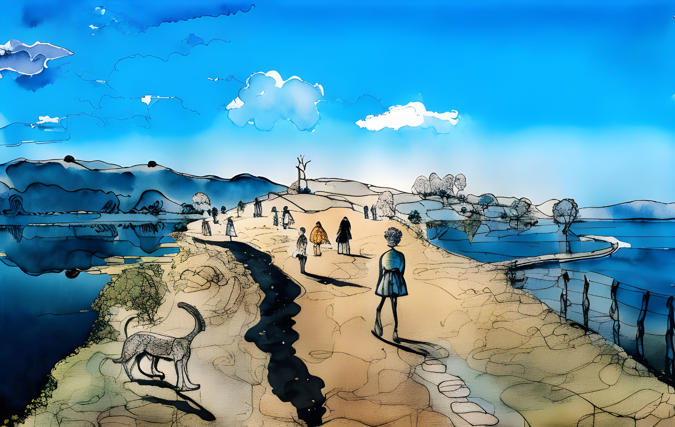 Vibrant illustration of people and dog walking by lake