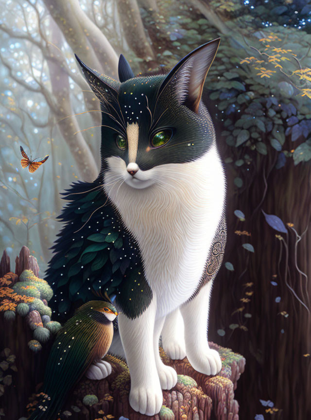 Mystical cat with feathered cloak in enchanted forest scene