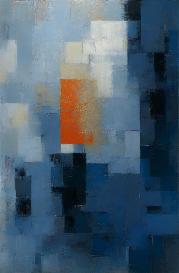 Blue and Gray Abstract Painting with Central Orange Pop