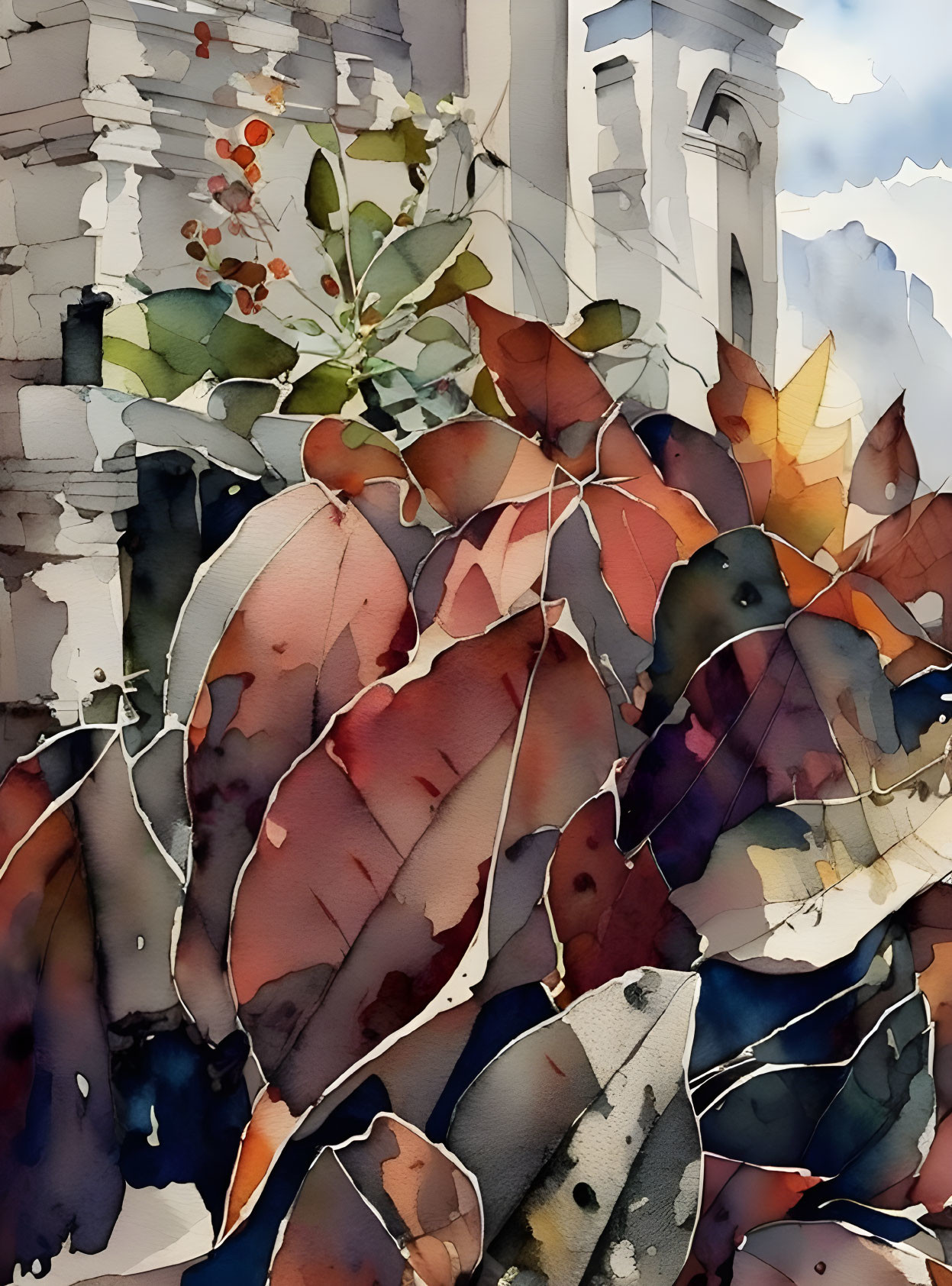 Colorful autumn leaves and architectural elements in watercolor.
