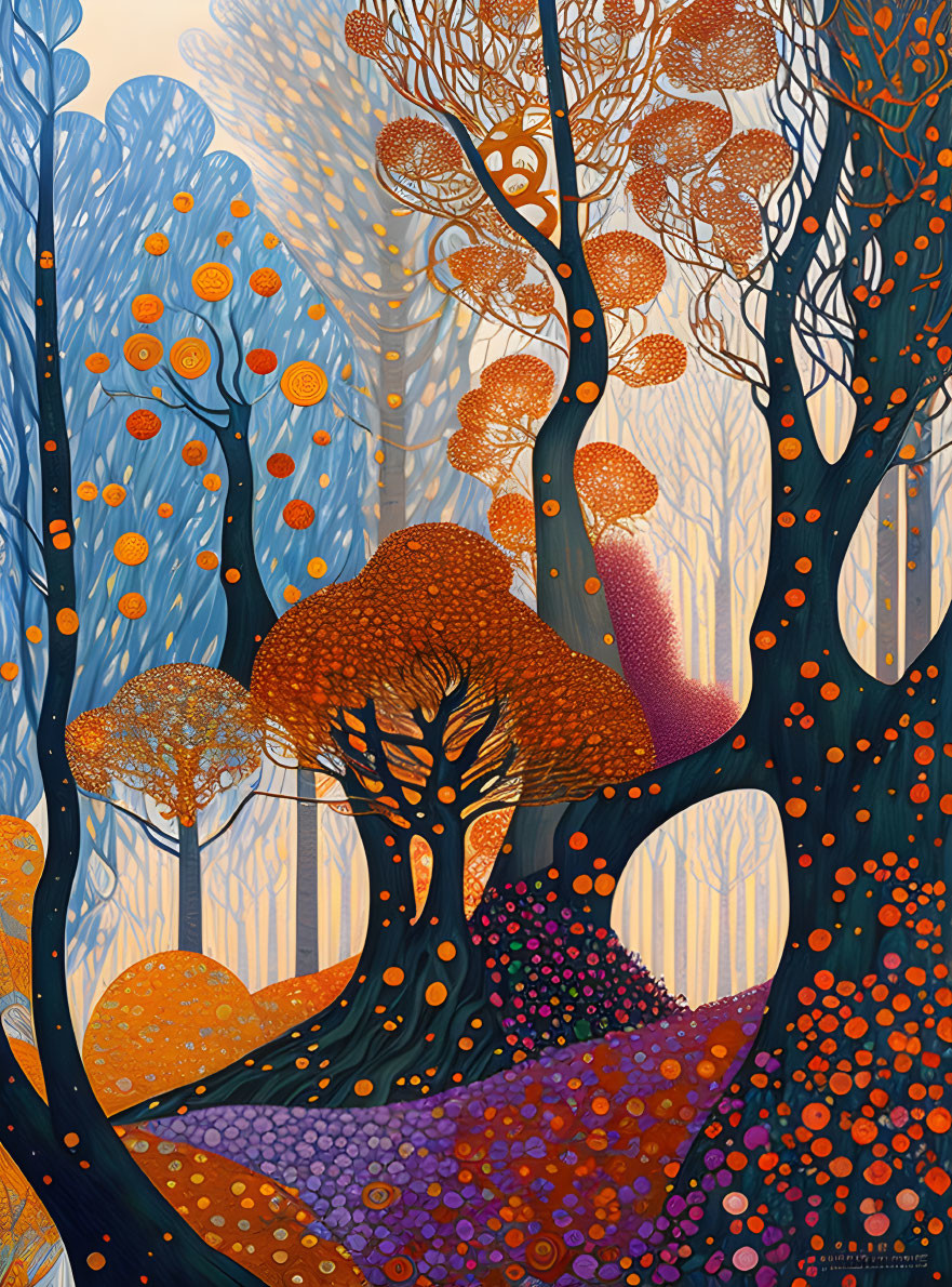 Whimsical forest illustration with blue and orange stylized trees