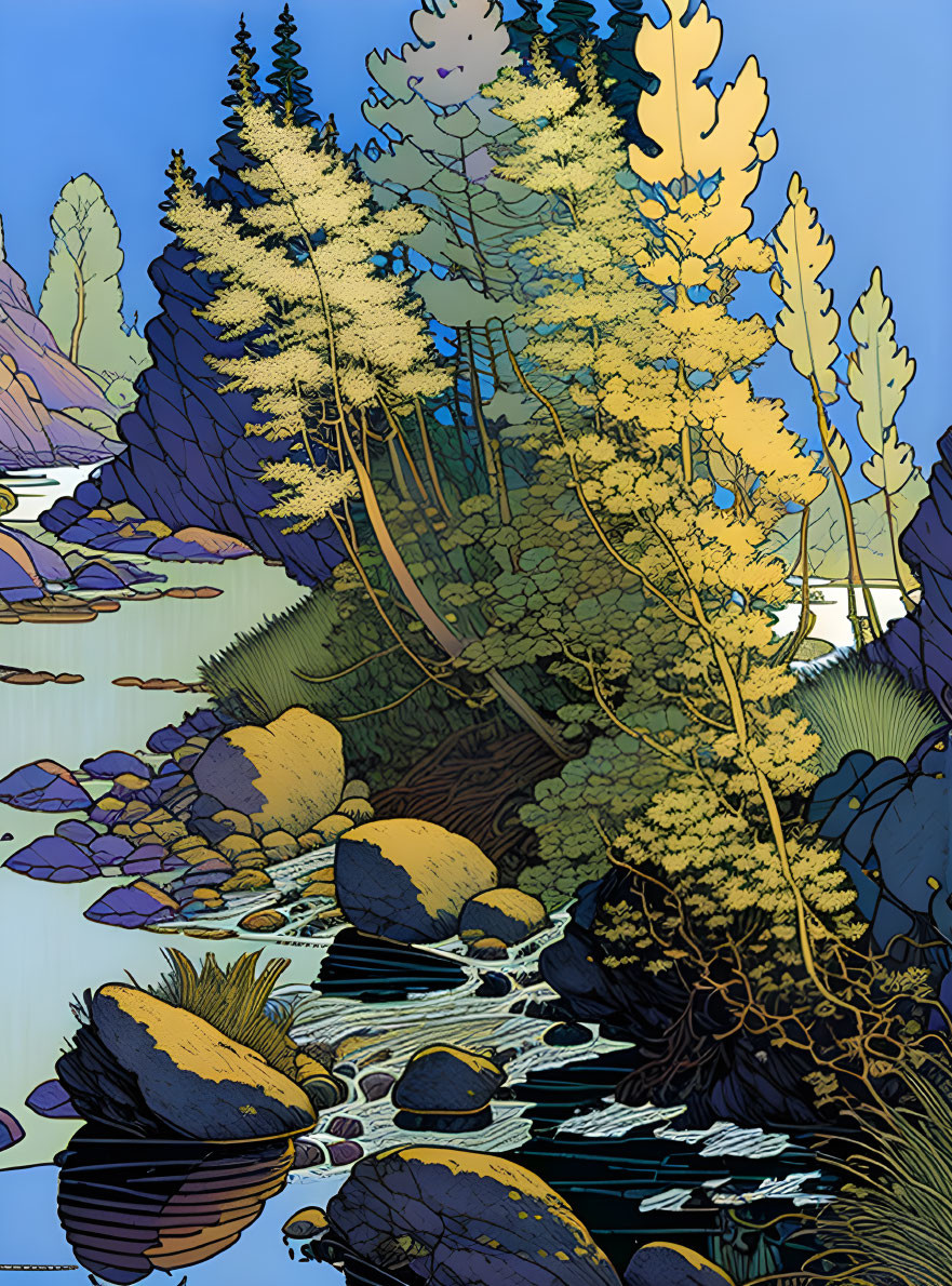 Illustrated forest scene with stylized yellow and blue trees, flowing stream, and layered hills.