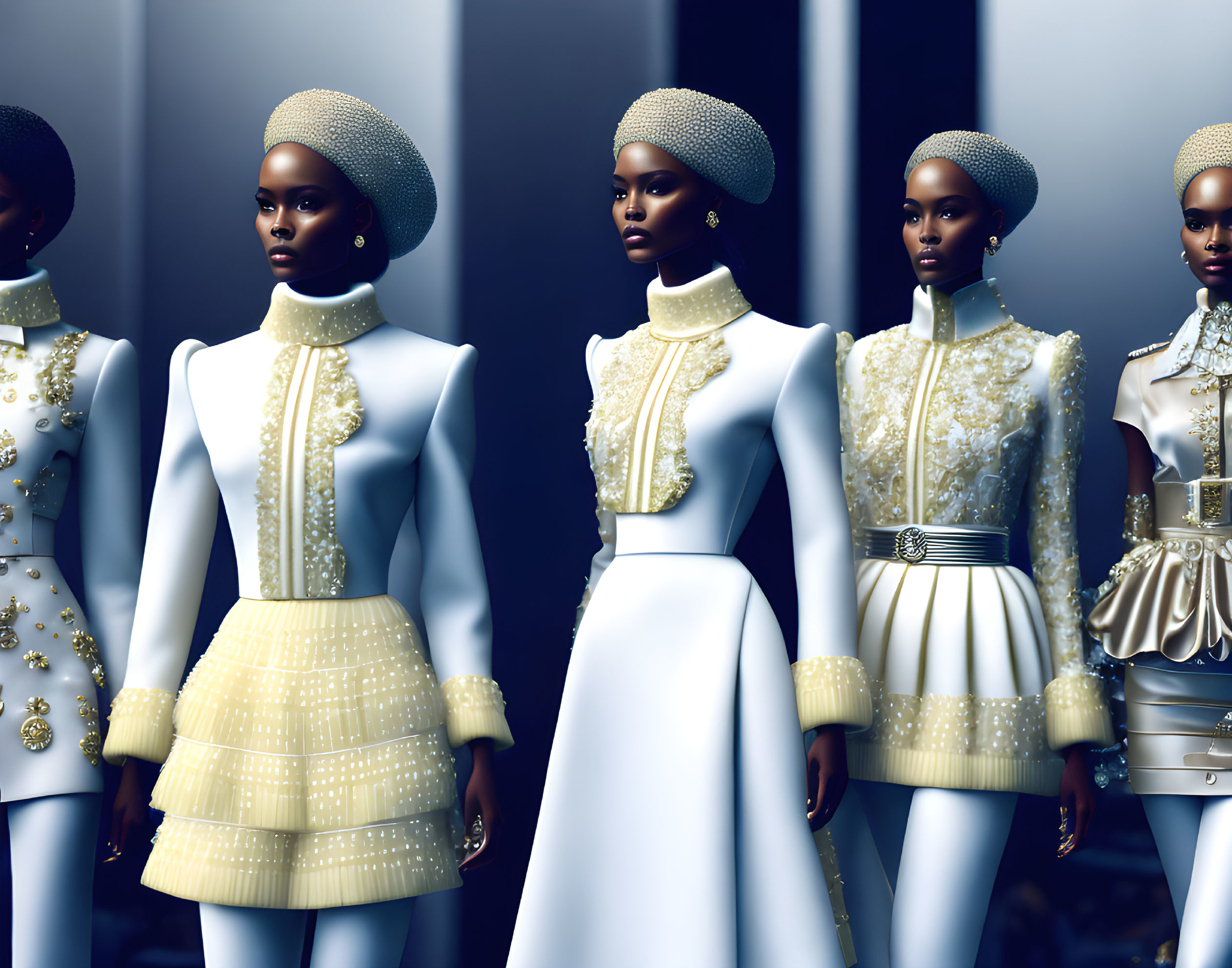 Elegant white and gold attire on 3D models in various poses