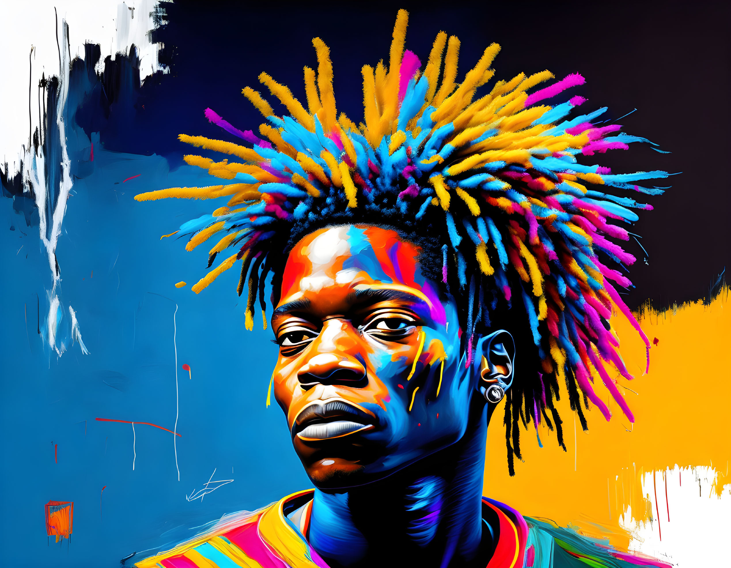 Colorful digital portrait with vibrant dreadlocks on abstract blue and yellow backdrop