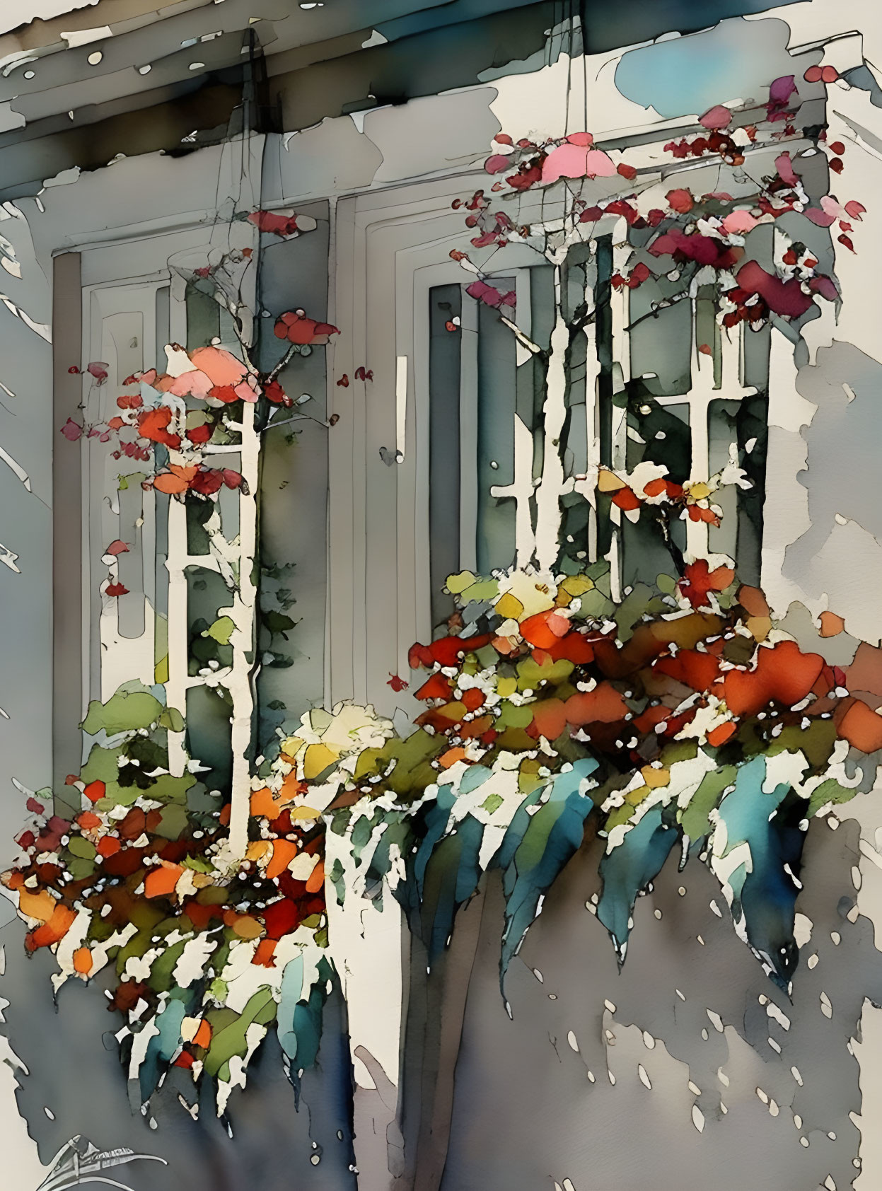 Colorful Watercolor Painting of Vibrant Flowers Hanging in Front of Window