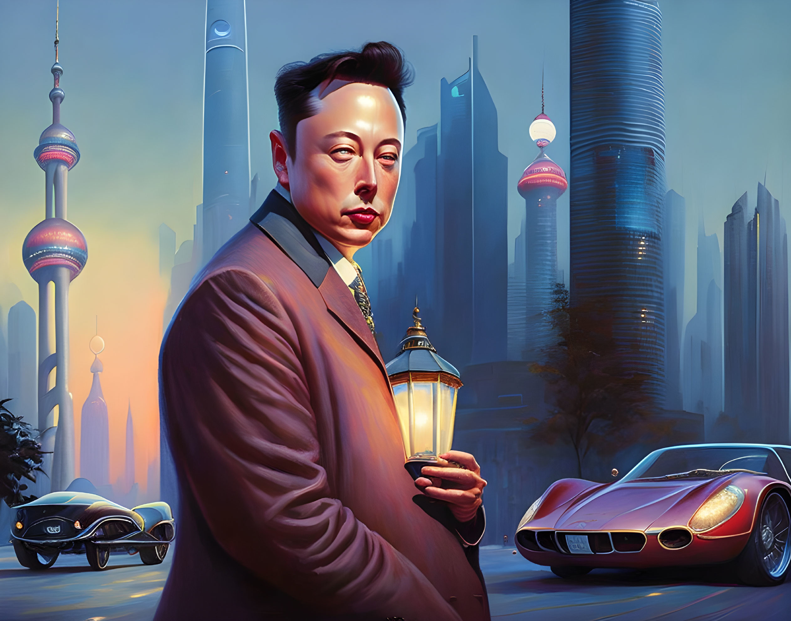 Man with lantern in front of futuristic cityscape and vintage cars