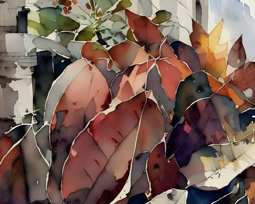 Colorful autumn leaves and architectural elements in watercolor.