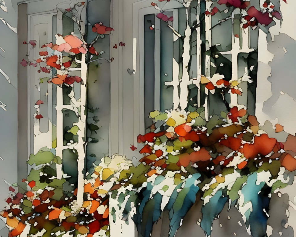 Colorful Watercolor Painting of Vibrant Flowers Hanging in Front of Window