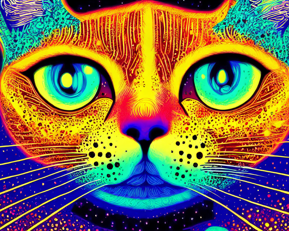 Colorful Psychedelic Cat Face Artwork with Large Blue Eyes