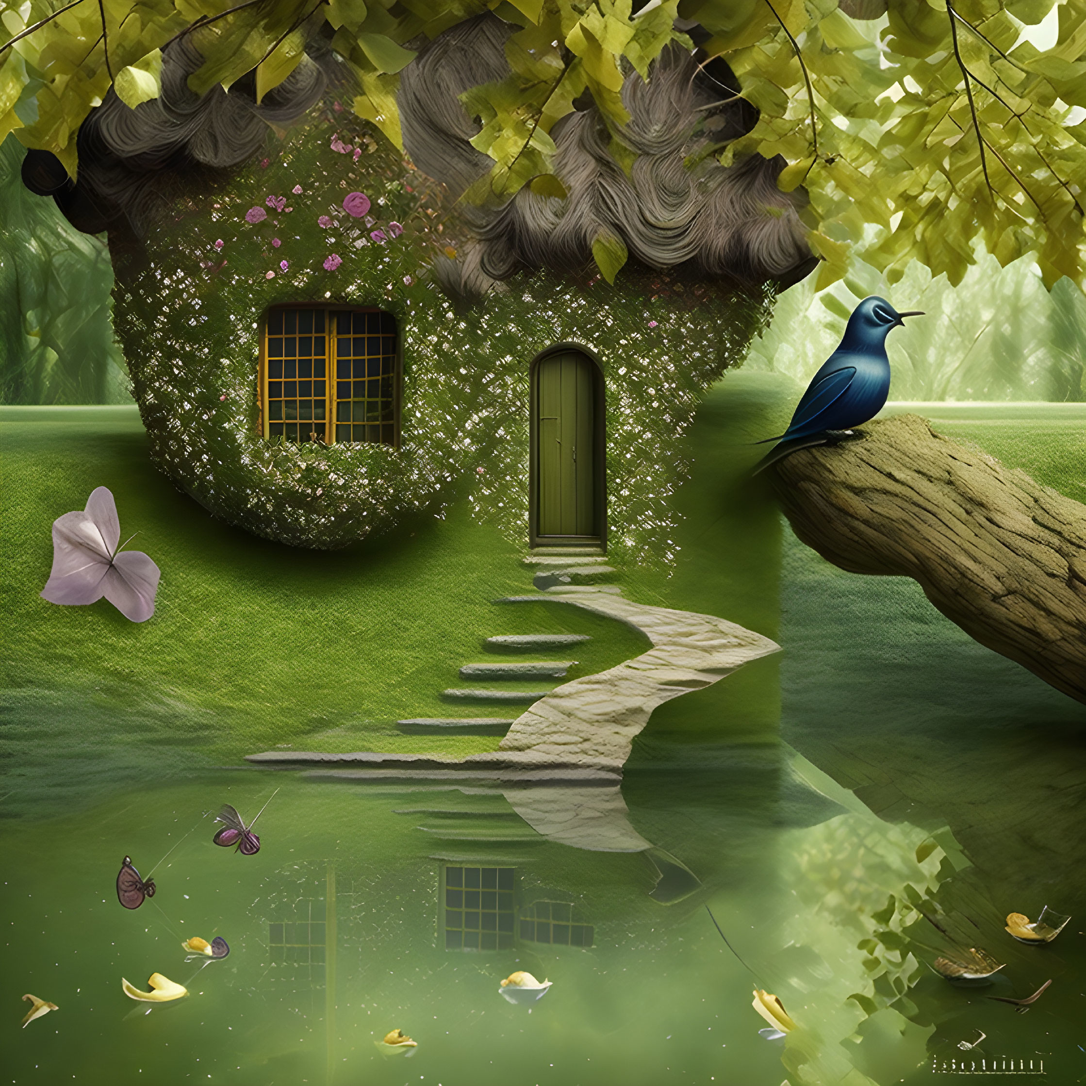 Whimsical illustration of cozy treehouse with ivy, stone pathway, blue bird, butterflies,