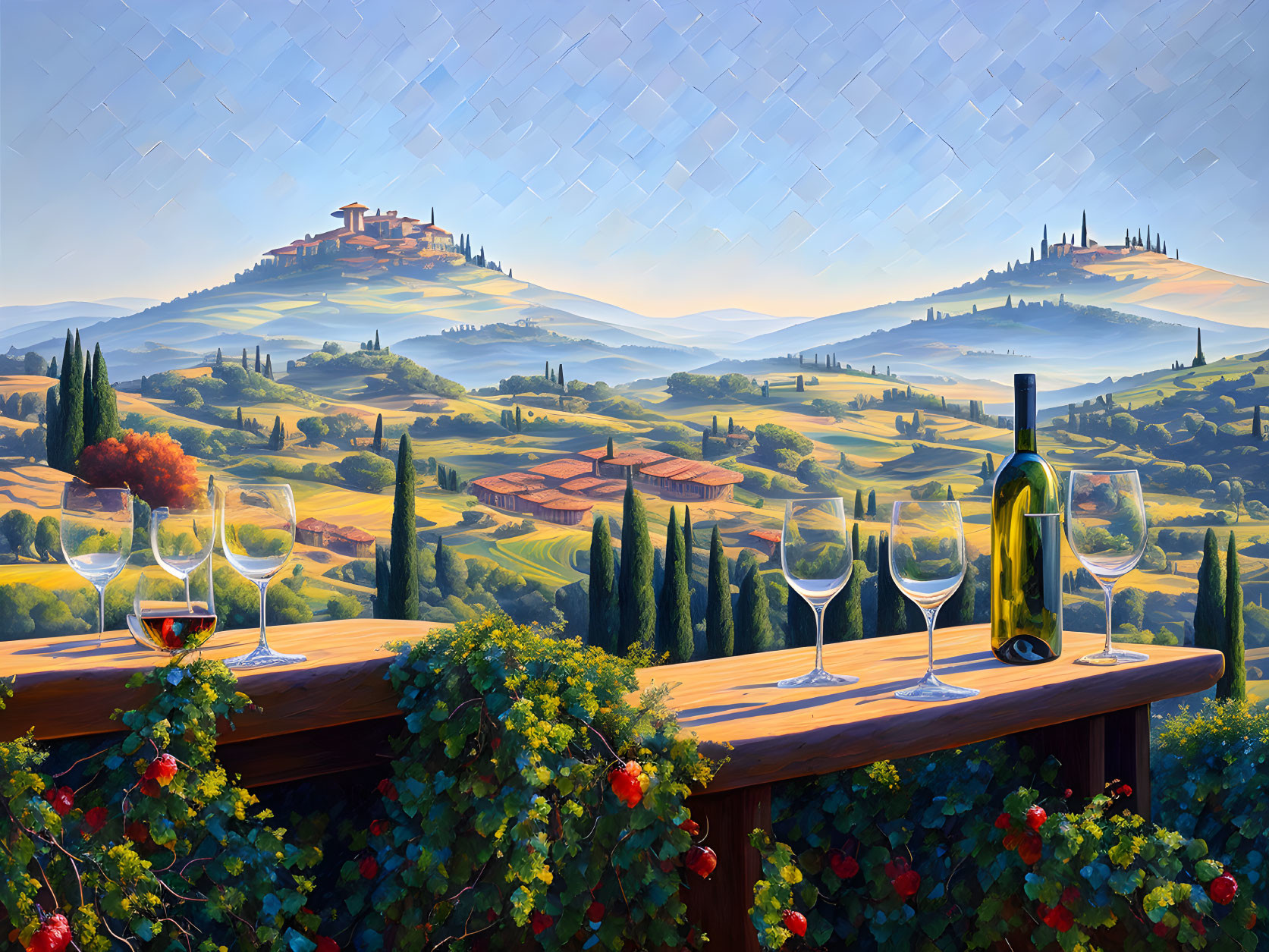 Illustration of rolling hills, vineyards, wine bottle, glasses, and village under clear sky