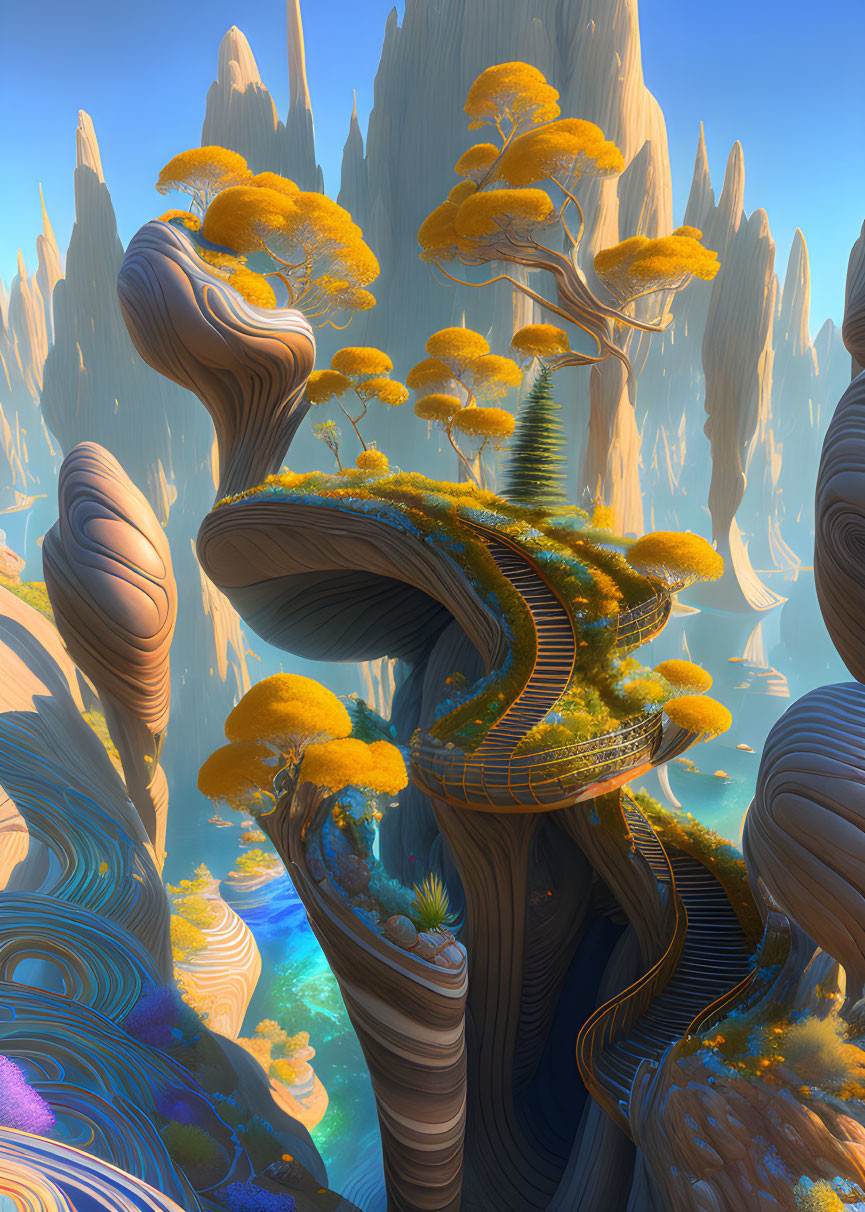 Fantastical landscape with twisted rock formations and vibrant yellow trees