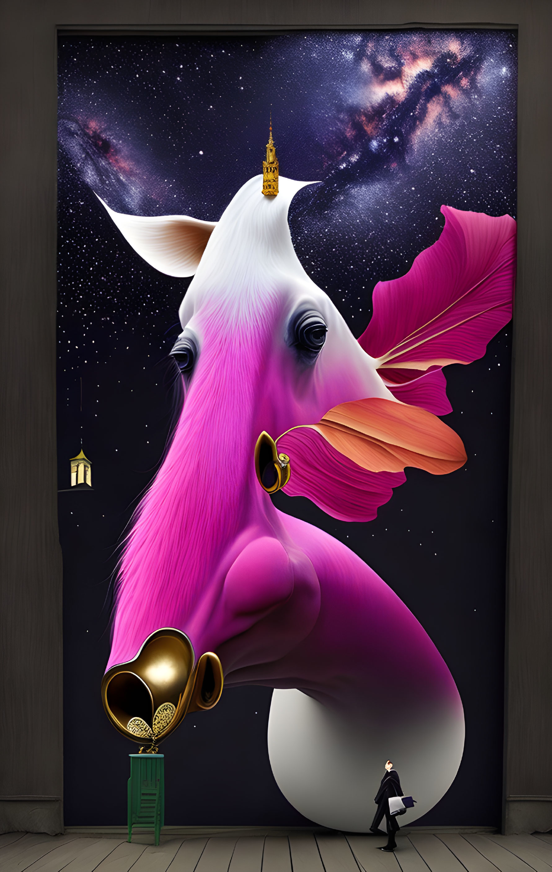 Surreal artwork: Giant pink and white cow, golden horns, butterflies, cosmic backdrop, tiny