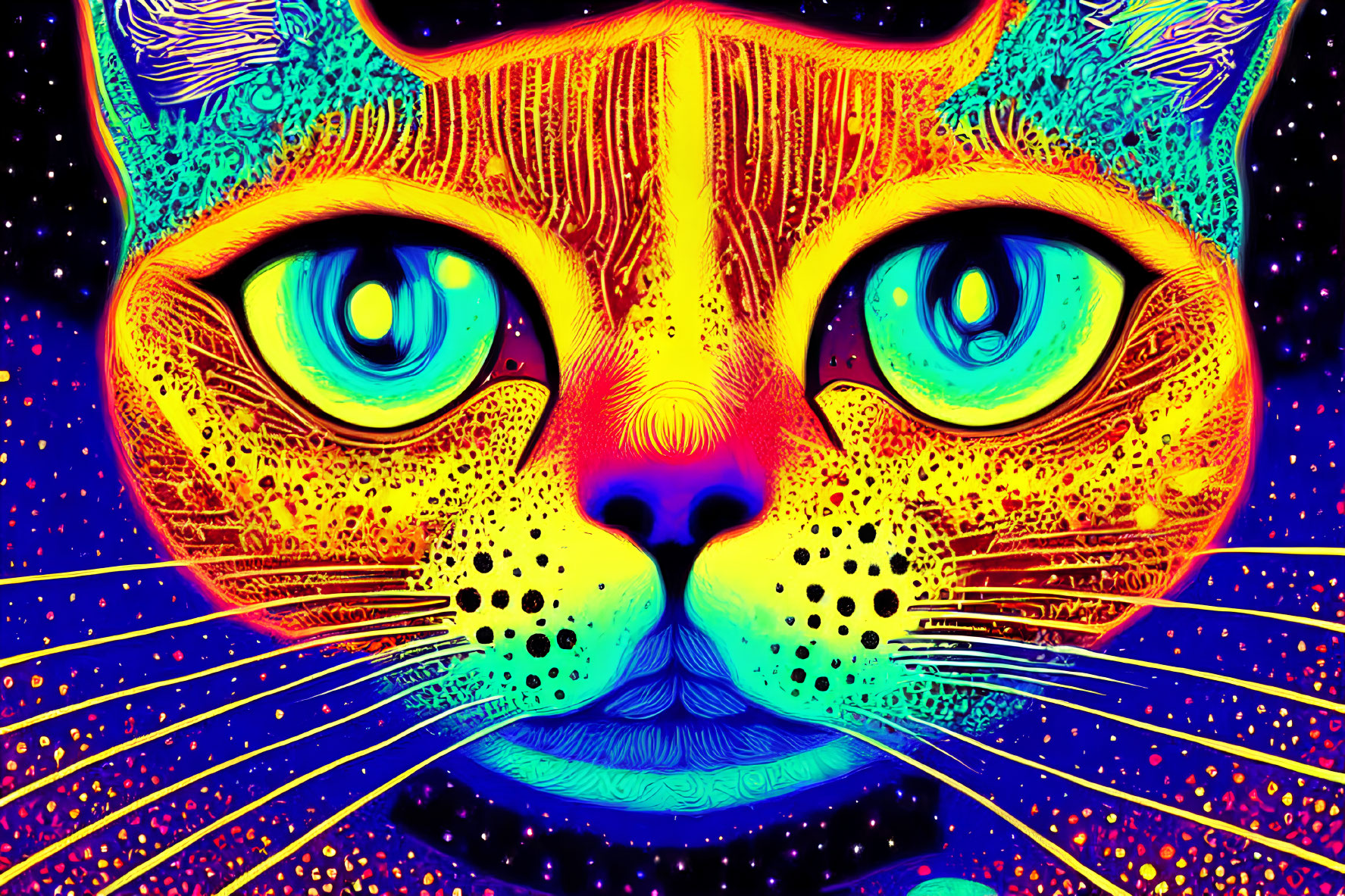 Colorful Psychedelic Cat Face Artwork with Large Blue Eyes