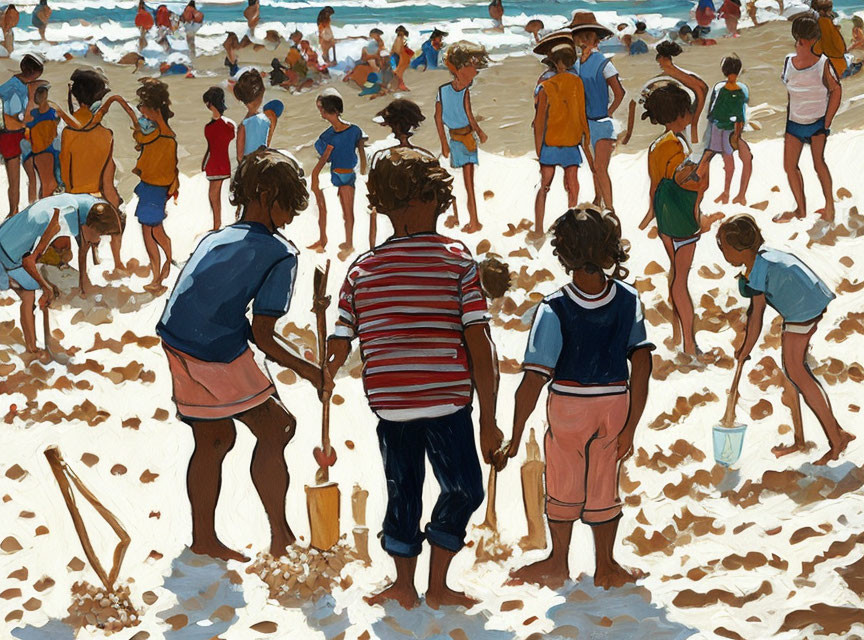 Children playing and building sandcastles on a beach illustration from behind