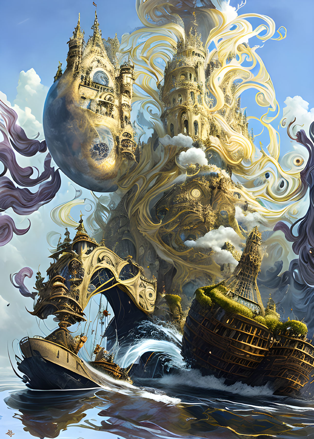 Fantastical image of floating castles, airship, and surreal wave