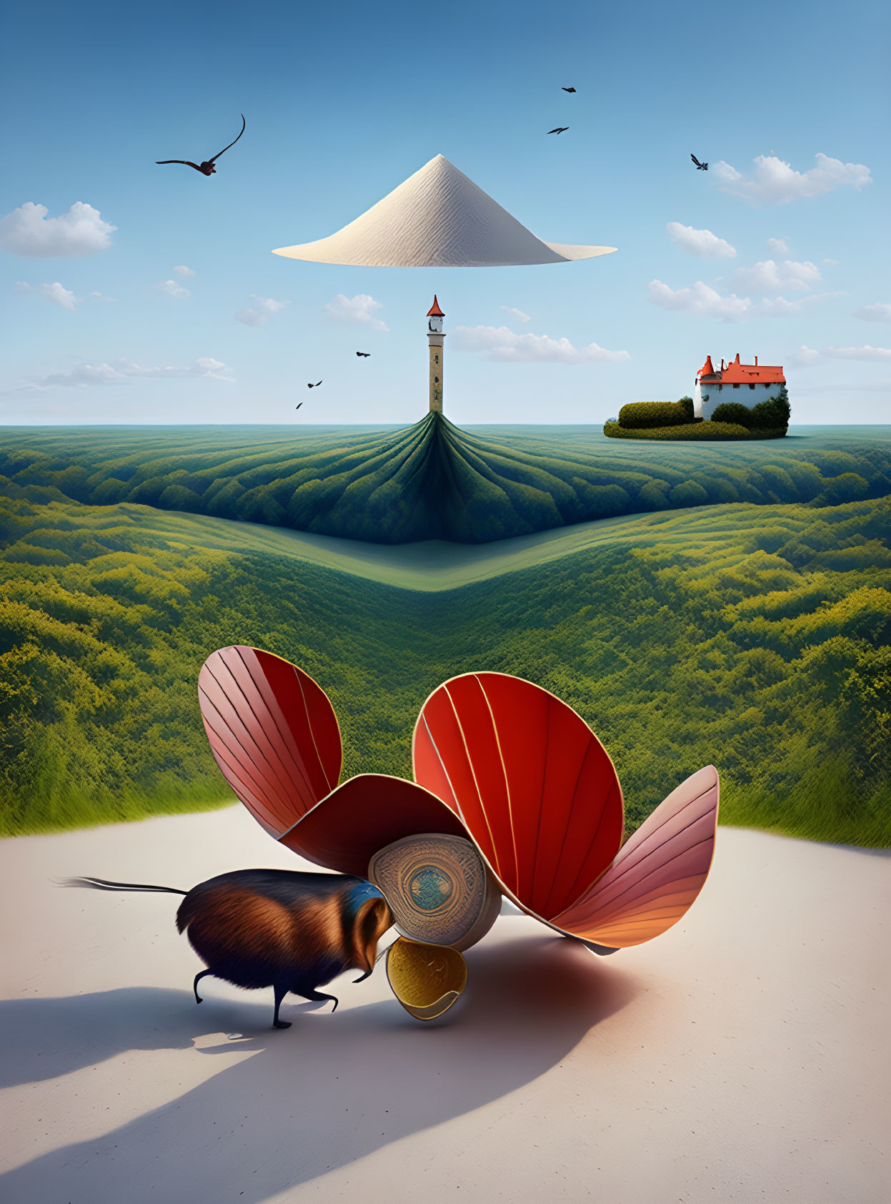 Whimsical landscape with mechanical beetle, plateau house, lighthouse, and birds