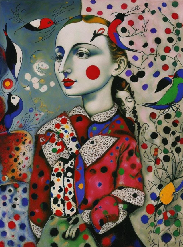 Surreal painting: Pale-skinned woman with red cheeks, vibrant abstract shapes, colorful birds