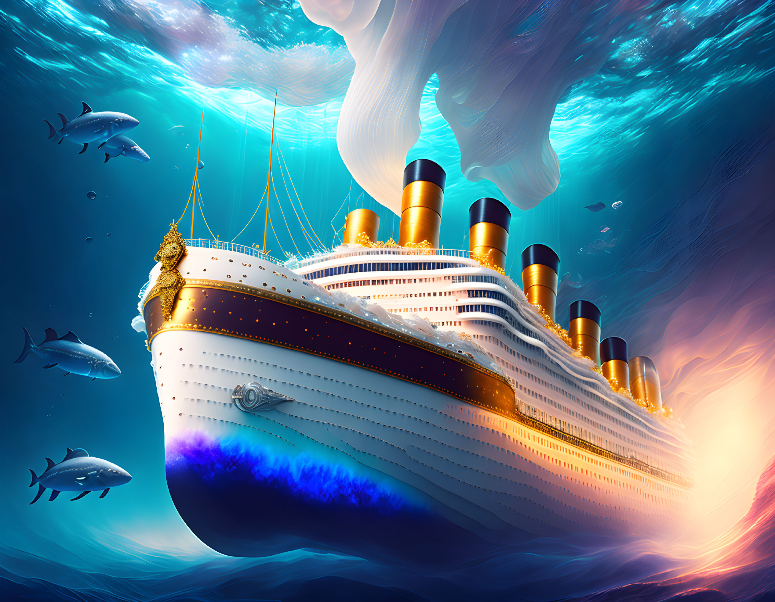 Vintage ocean liner underwater surrounded by fish and surreal light.