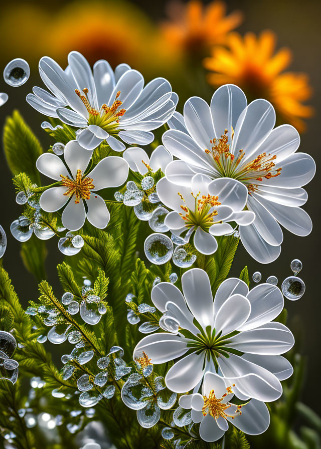 White and Yellow Flowers with Water Droplets on Dark Background