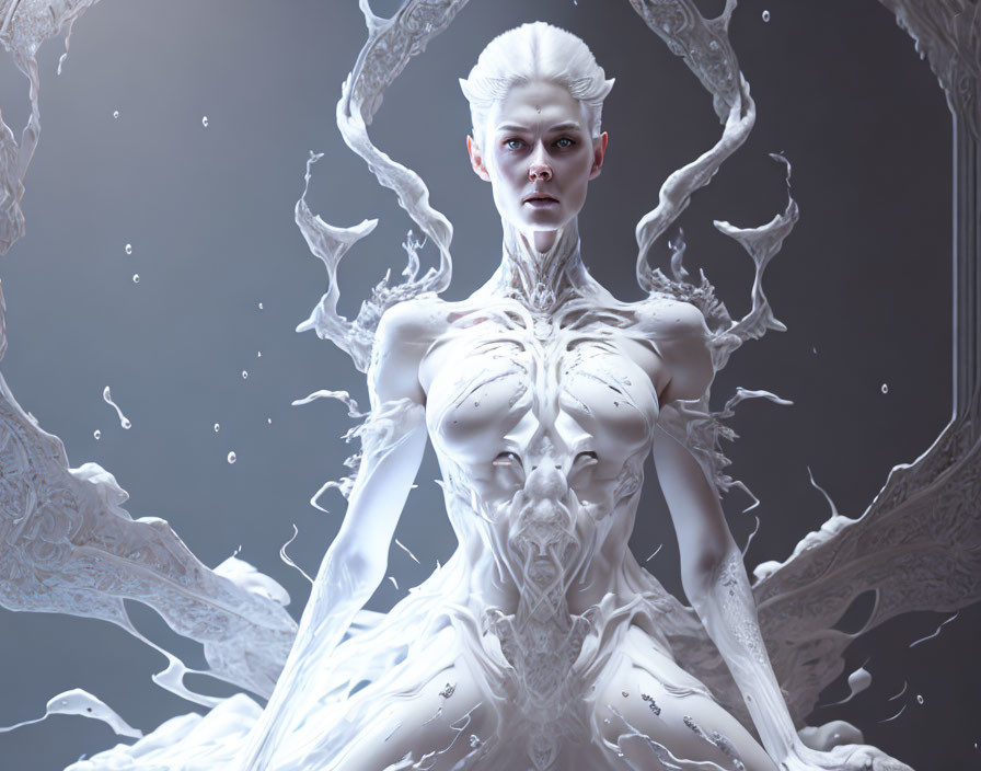 Otherworldly Figure with Pale Skin and Liquid-Like Garment on Cool-Toned Background