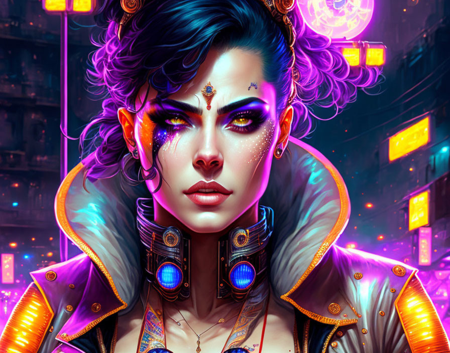 Digital artwork: Woman with futuristic makeup in cyberpunk attire against neon cityscape