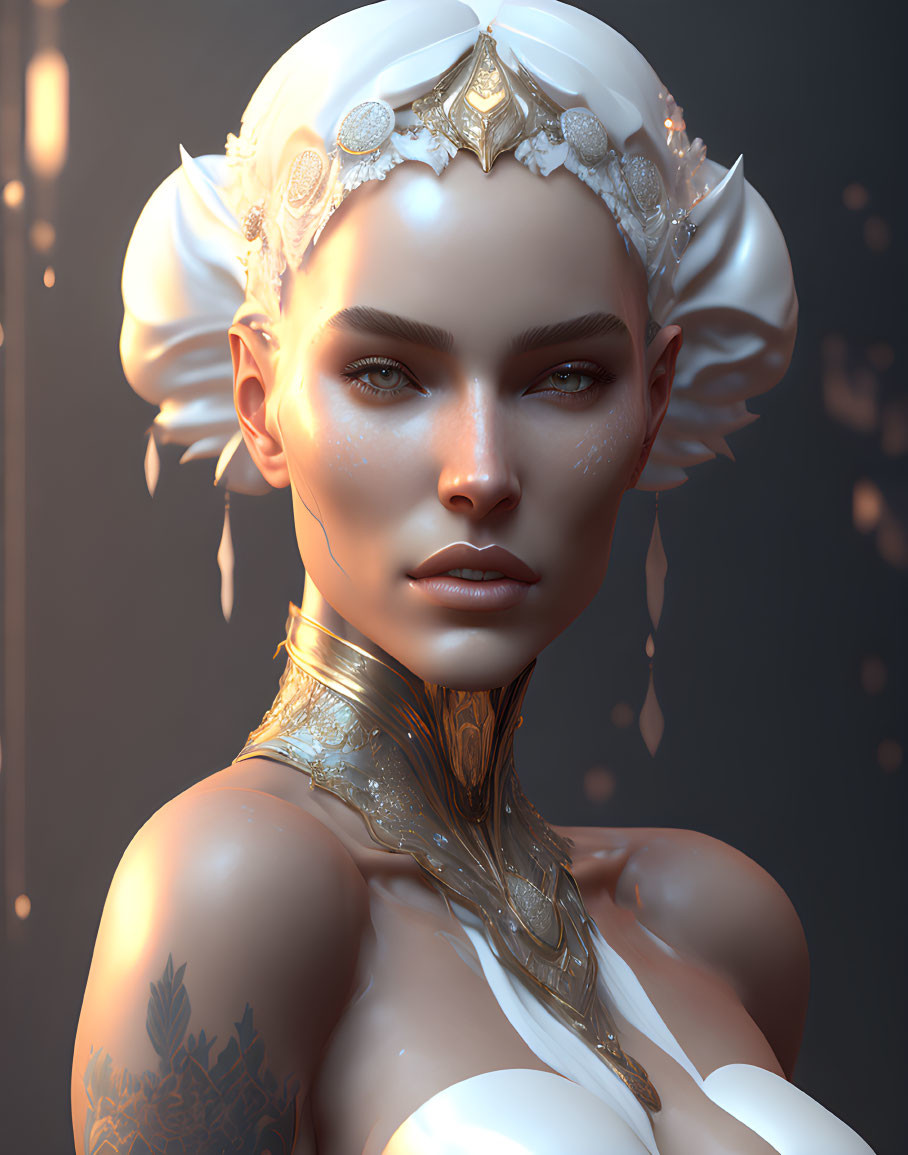 Fantasy female character with white floral headpiece and golden tattoos