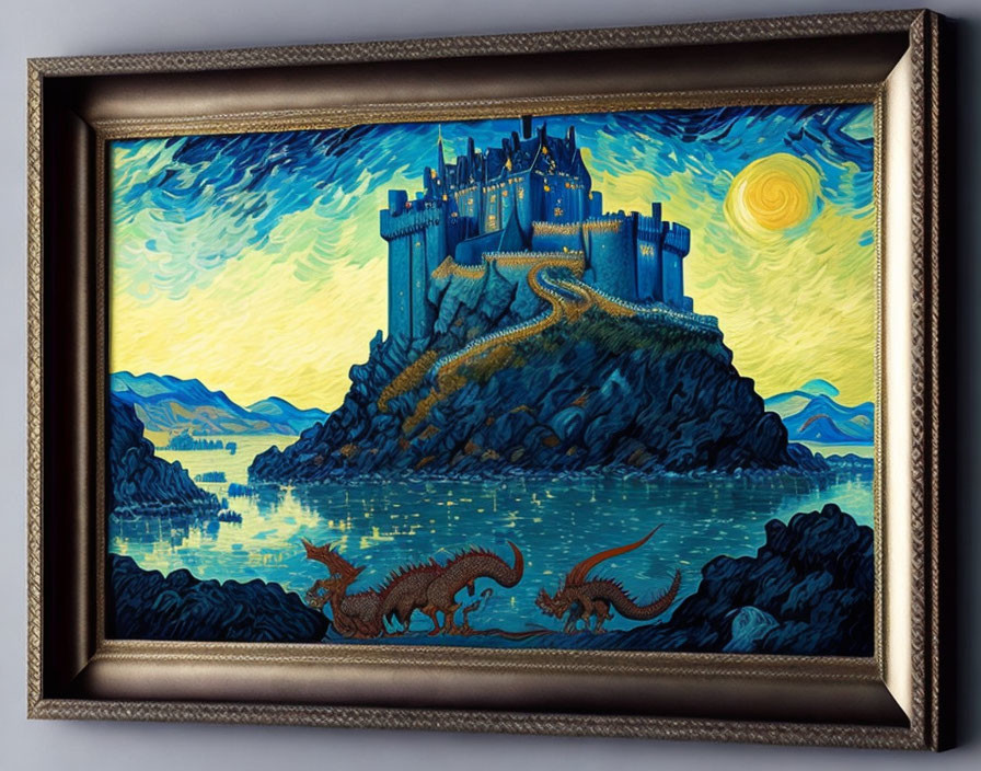 Framed painting: Starry Night-style fantasy castle with dragons