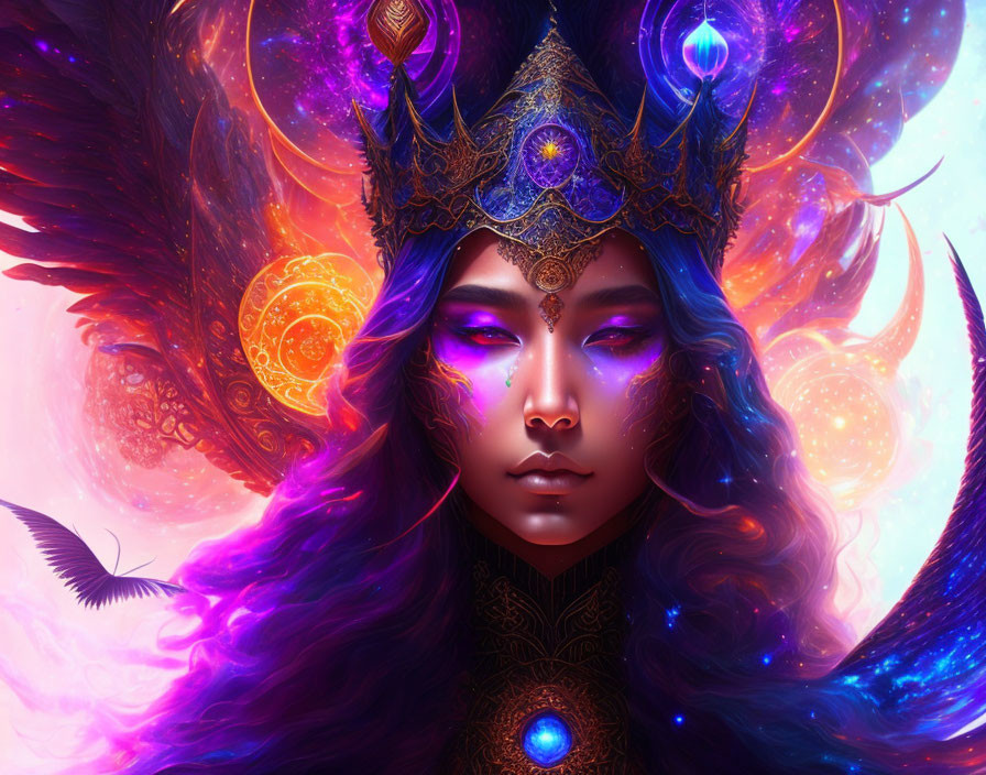 Mystical queen with vibrant crown and cosmic energy in purple and orange