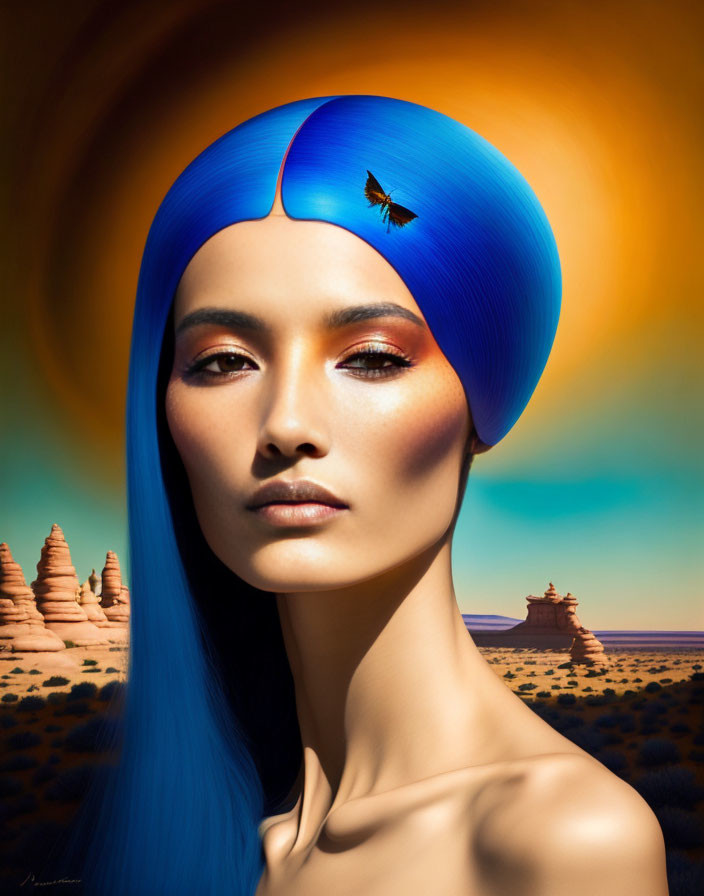 Surreal portrait of person with blue headdress and butterfly in desert landscape