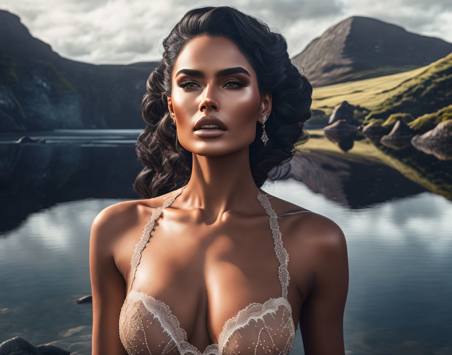 Woman in elegant lingerie with striking makeup against serene mountainous backdrop.