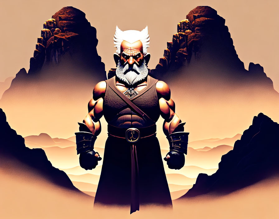 Muscular animated character with white beard in black outfit against fiery mountain backdrop