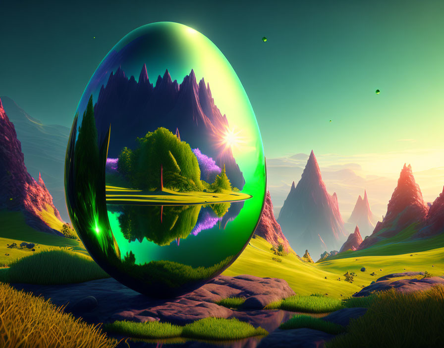Fantastical landscape with giant reflective orb and miniature ecosystem.