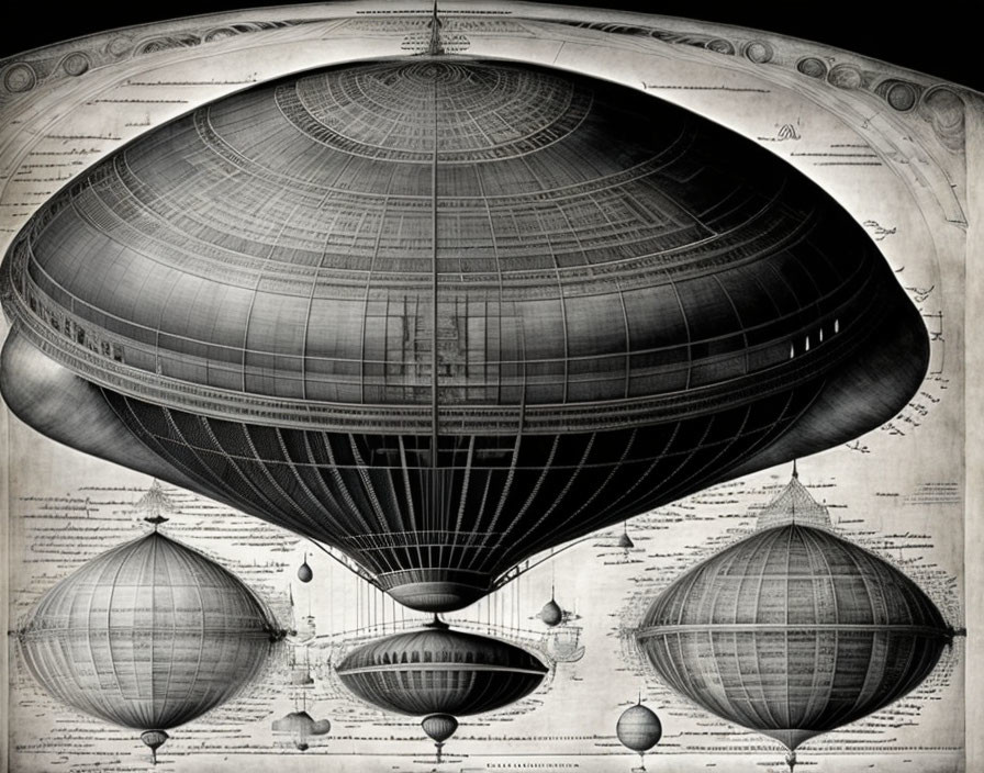 Detailed vintage airships and balloons illustration on dark background