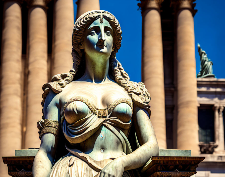 Intricate Hair and Corset Statue Amid Classical Columns