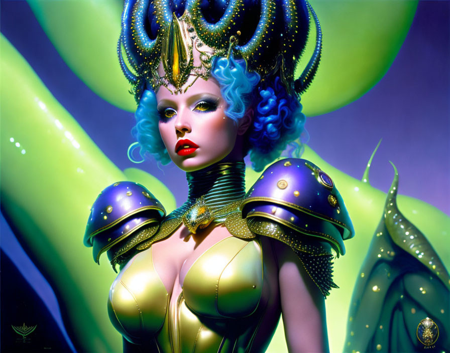 Blue-skinned female figure in futuristic golden armor on green background