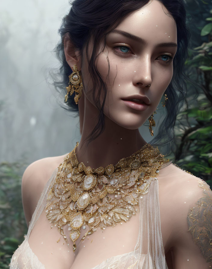 Blue-skinned woman with gold jewelry in misty setting