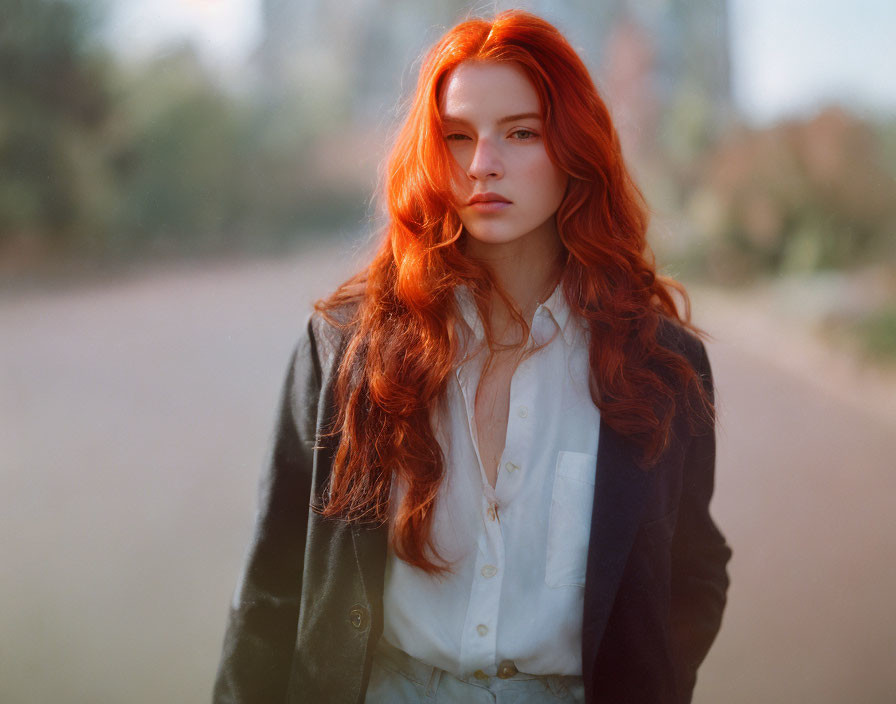 Woman with Long Red Hair in Black Coat Outdoors