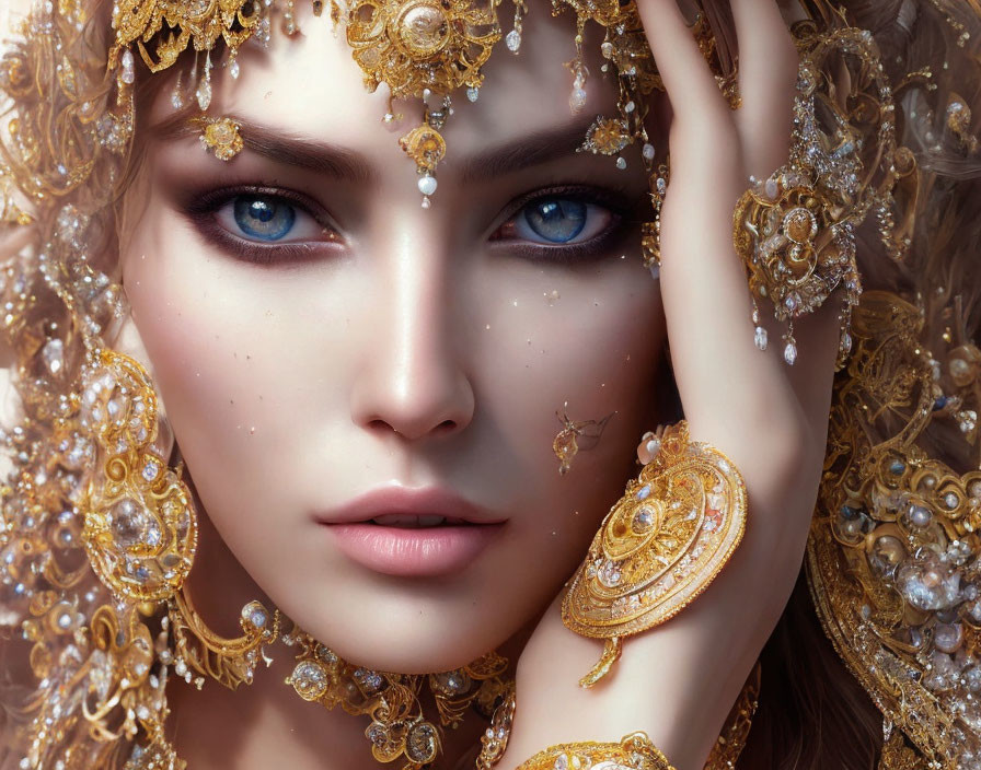 Blue-eyed woman adorned with golden jewelry and decorative elements.