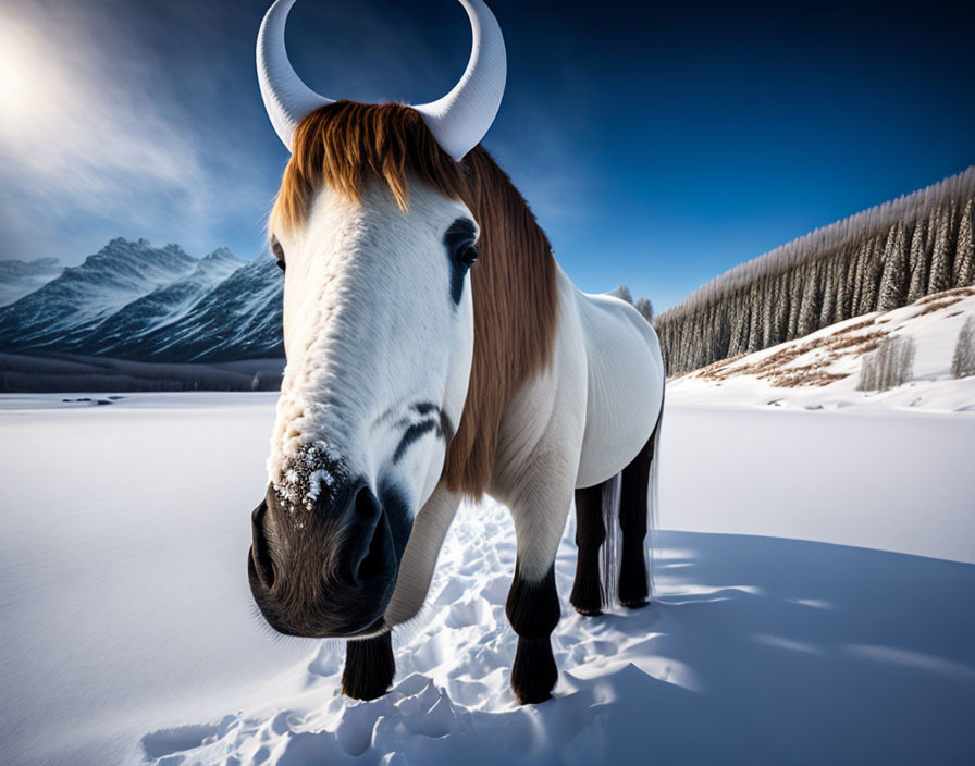 Majestic white yak in serene snow-covered landscape